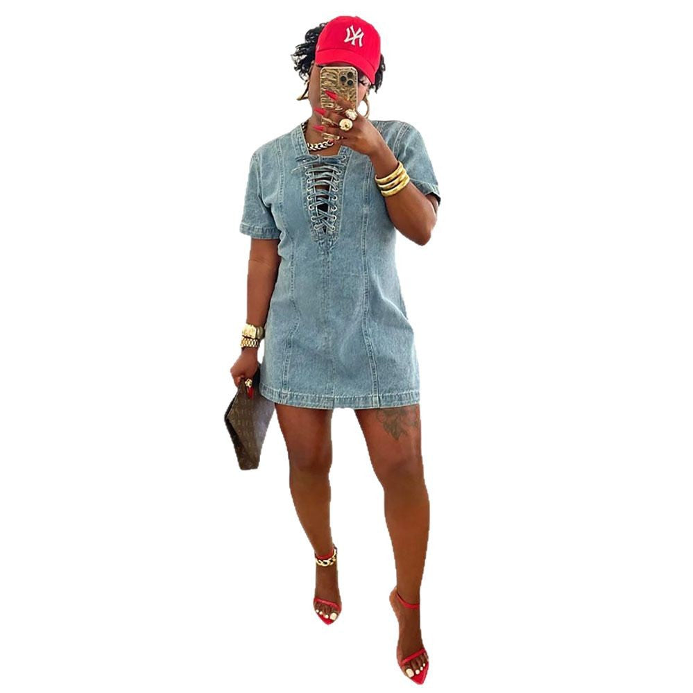 Women's Denim Dress Summer Street Fashion Tie-Front Short Sleeve Denim Dress