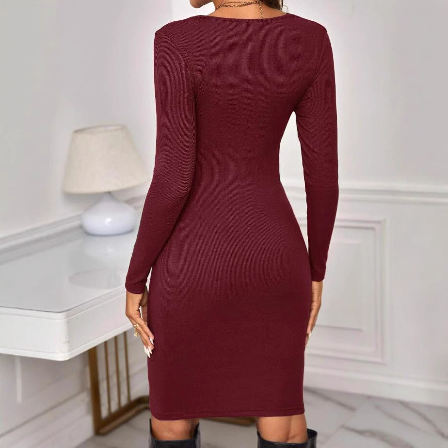 Knit Fitted Dress with Round Neck and Long Sleeves Solid Color Short Style