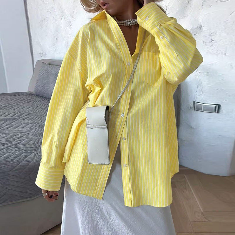 Long sleeved striped shirt cardigan for women