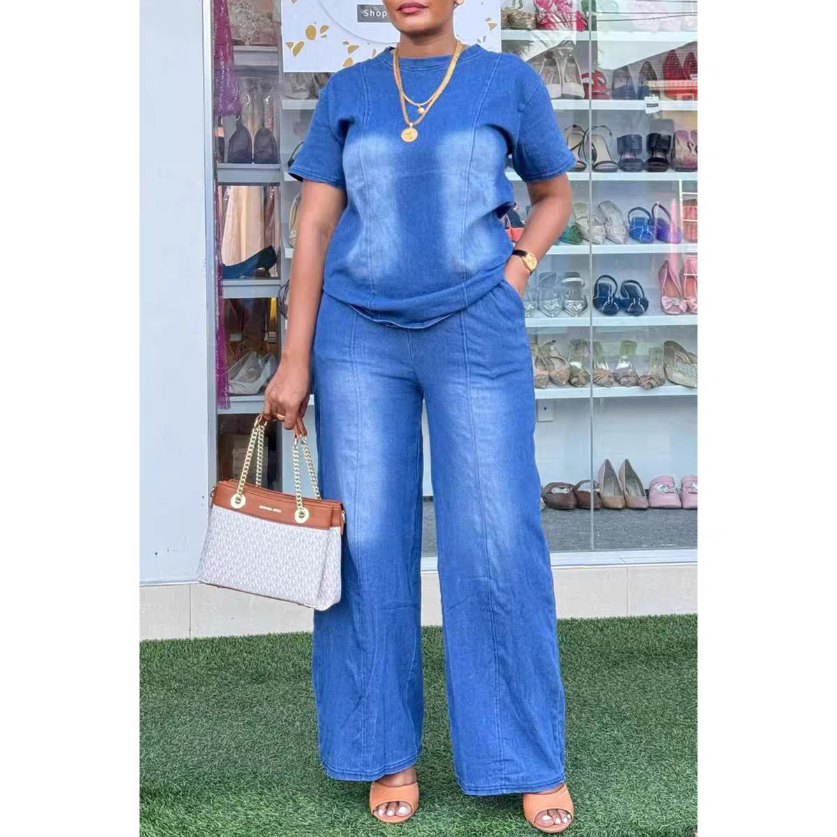 Fashion Washed Blue Loose Short Sleeve Denim Women's Set Casual Style