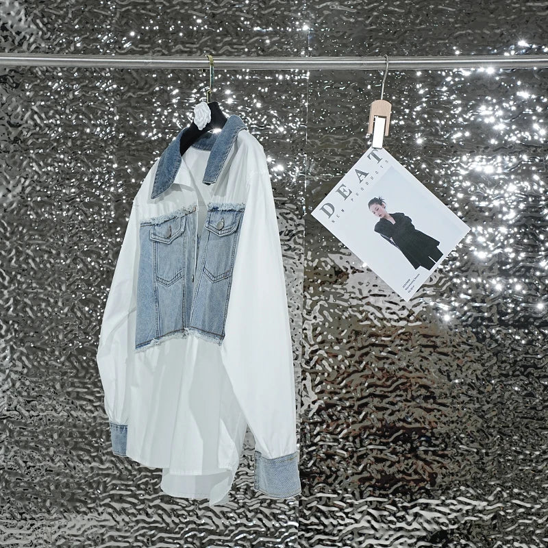 Fashion Women's Denim Spliced Shirt Loose Lapel Long Sleeves Single Breasted Tassel Blouse  Autumn New Items