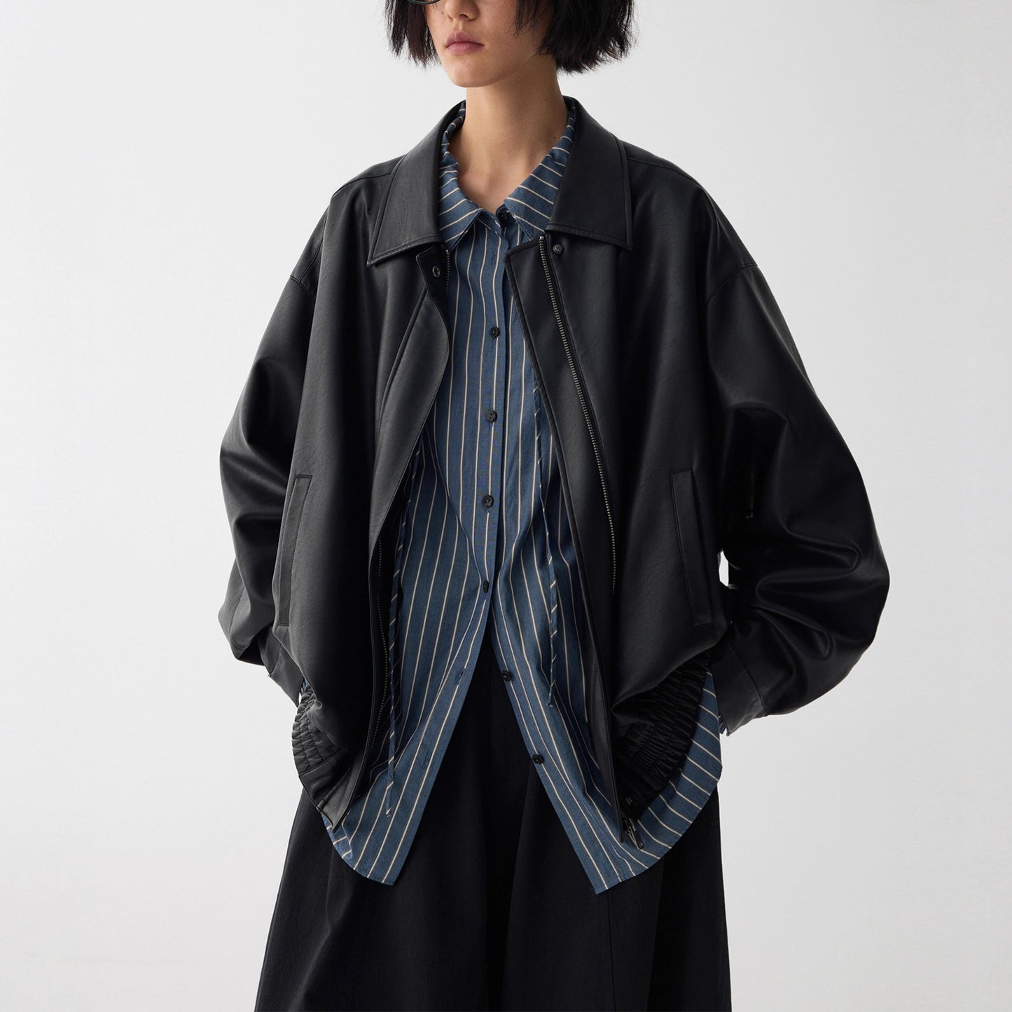 Blue Dream Woven Deep Blue Stripe Double Layer Collar Tie Shirt Top