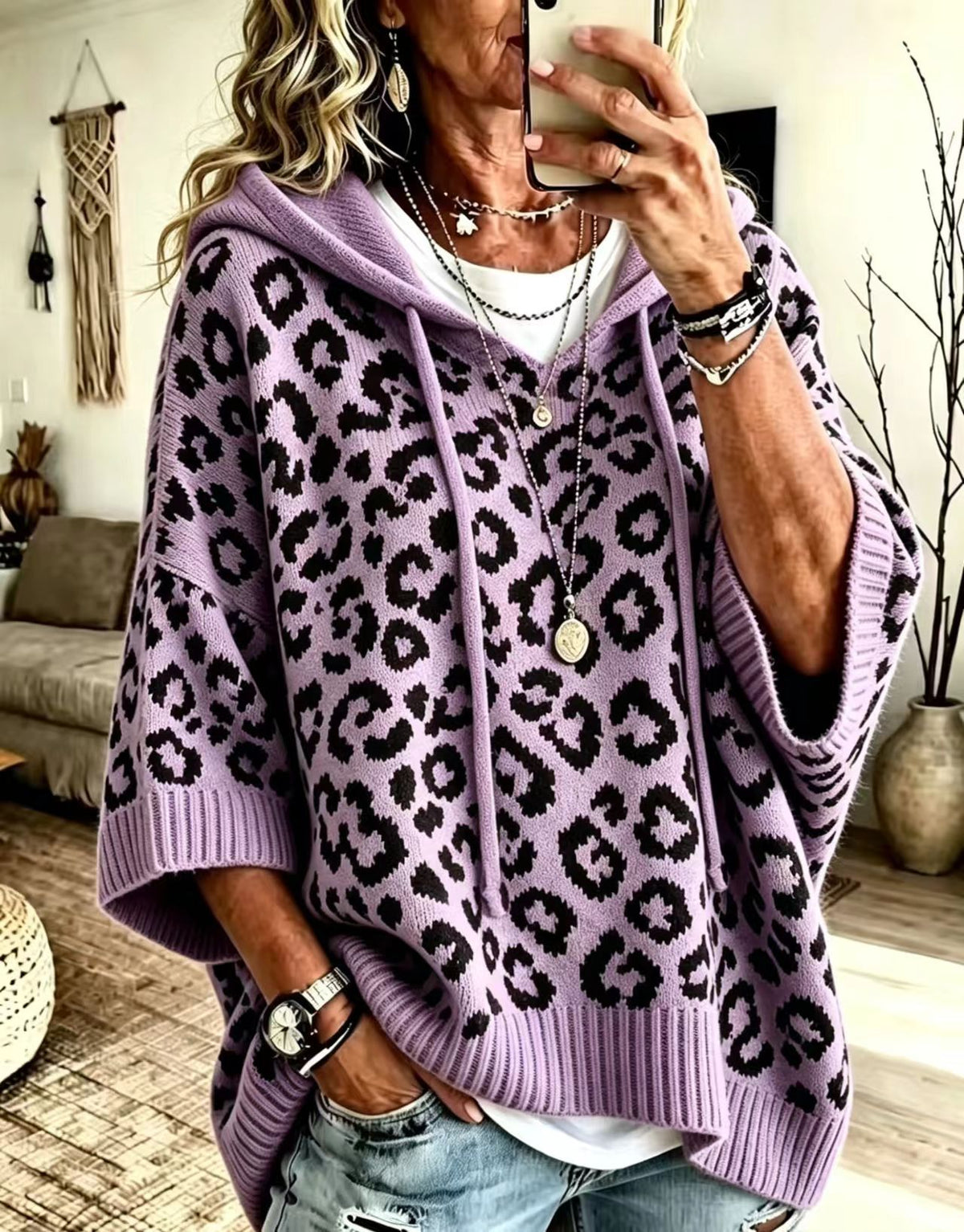 Leopard print hooded drawstring knit pullover hoodie knit