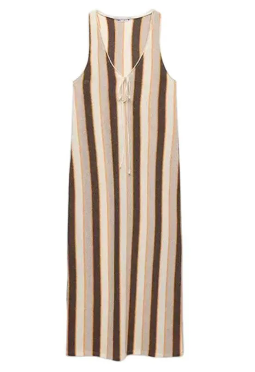 summer knitted midi long straight loose tank dresses for women streetwear chic casual stripe v-neck dress lady robe femme
