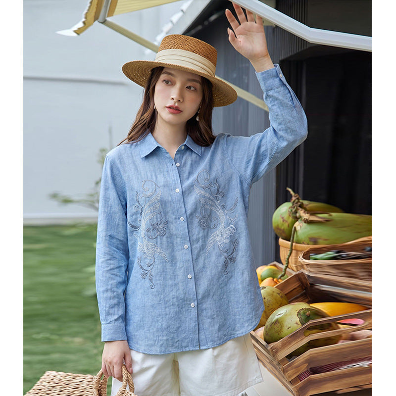 Elegant Refined Style Embroidered Lyocell Blouse for Women Long Sleeve Unique Design Open Front Shirt