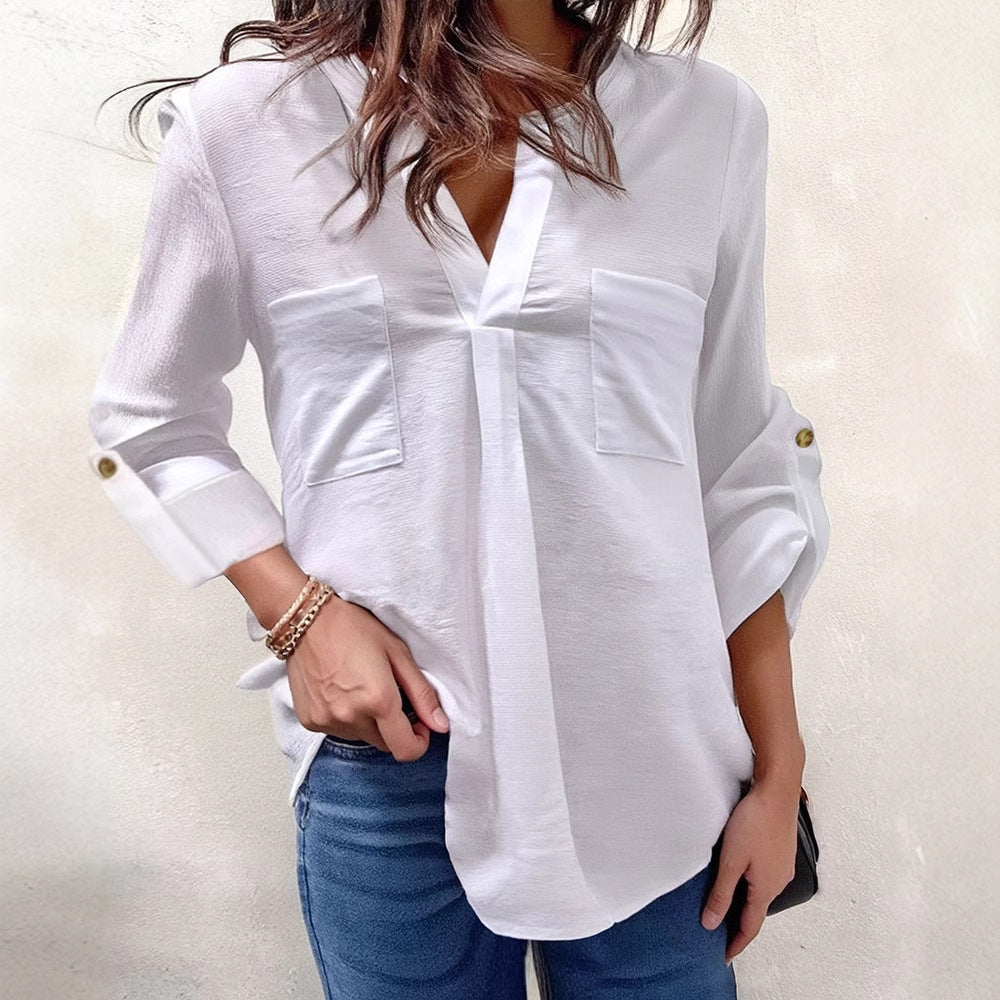 Women's White V-neck Back Buttoned Long-sleeved Blouse