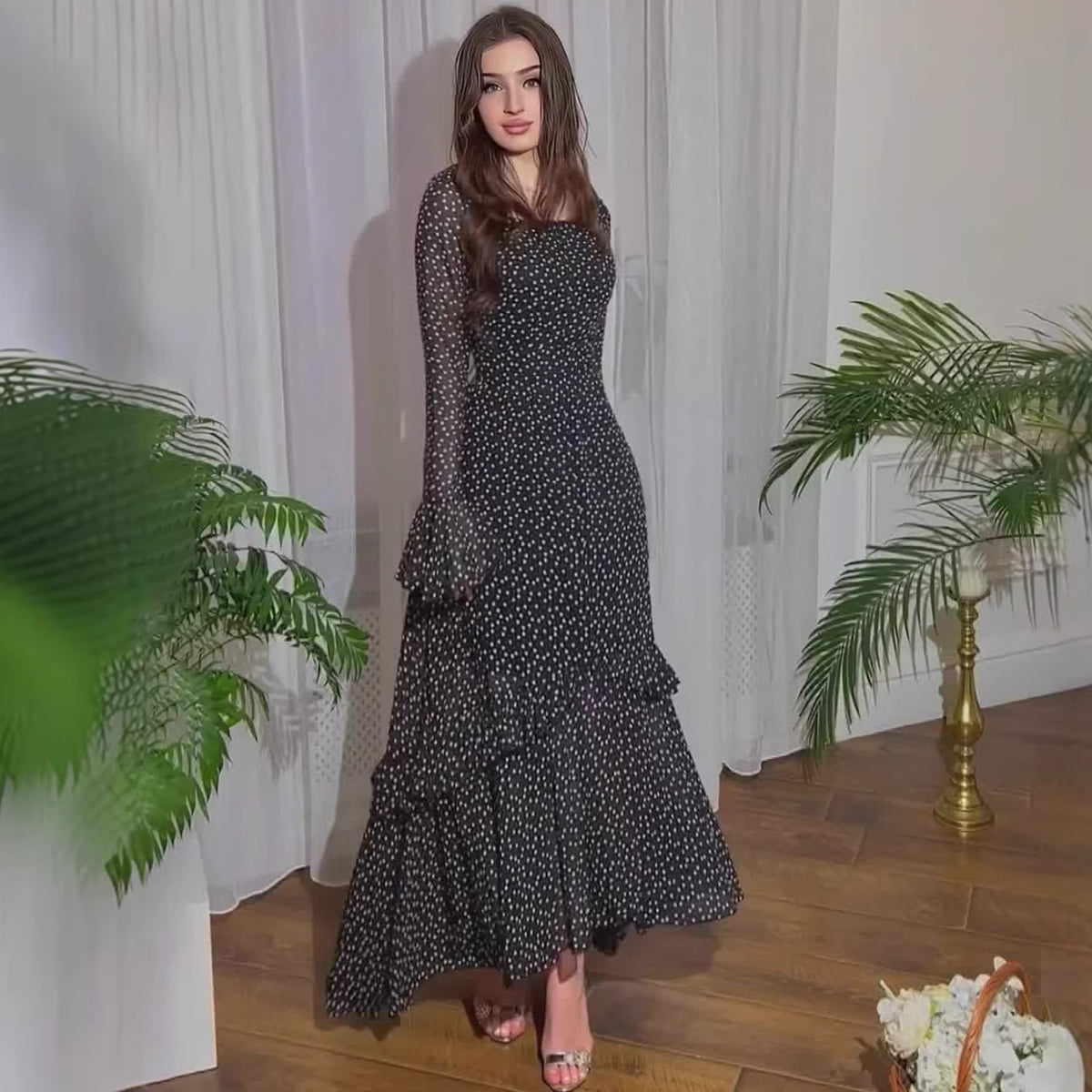 Dress Spring Long Length Patchwork Polka Dot Ruffle Sleeve ChiffonElegant