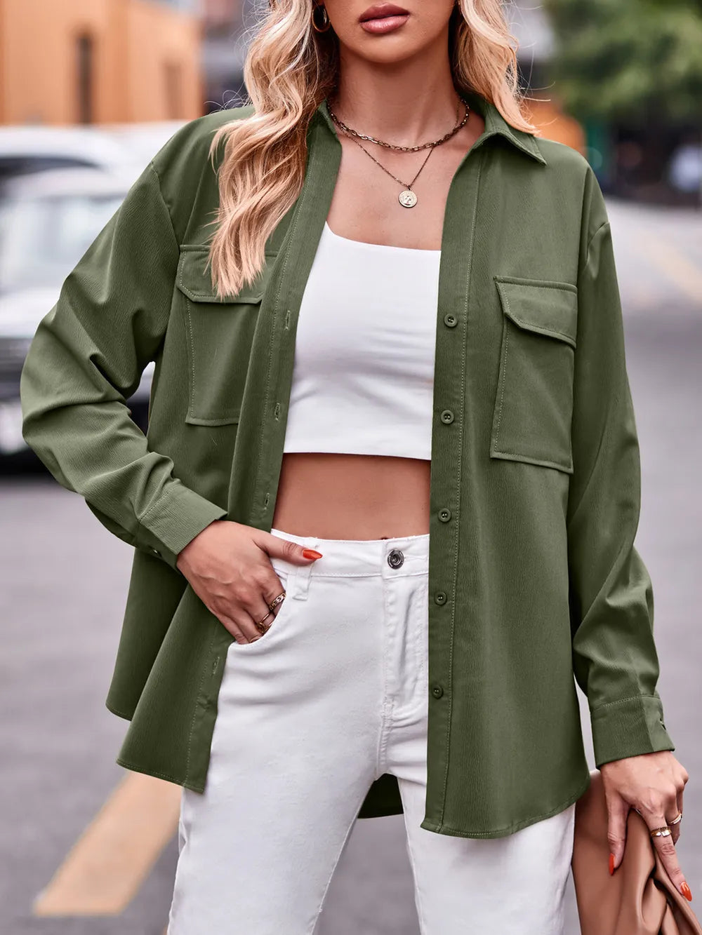 Casual and fashionable double pocket loose long sleeved solid color shirt