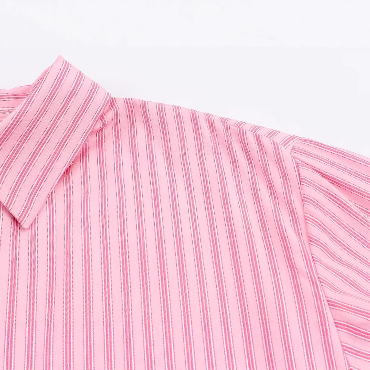 Collar single breasted long sleeved striped pink shirt for women