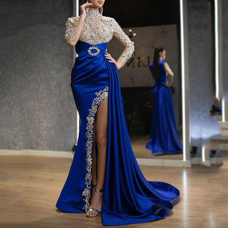 Elegant Blue Gold-Sprinkled Round Neck Long Dress for  Formal Evening Gown