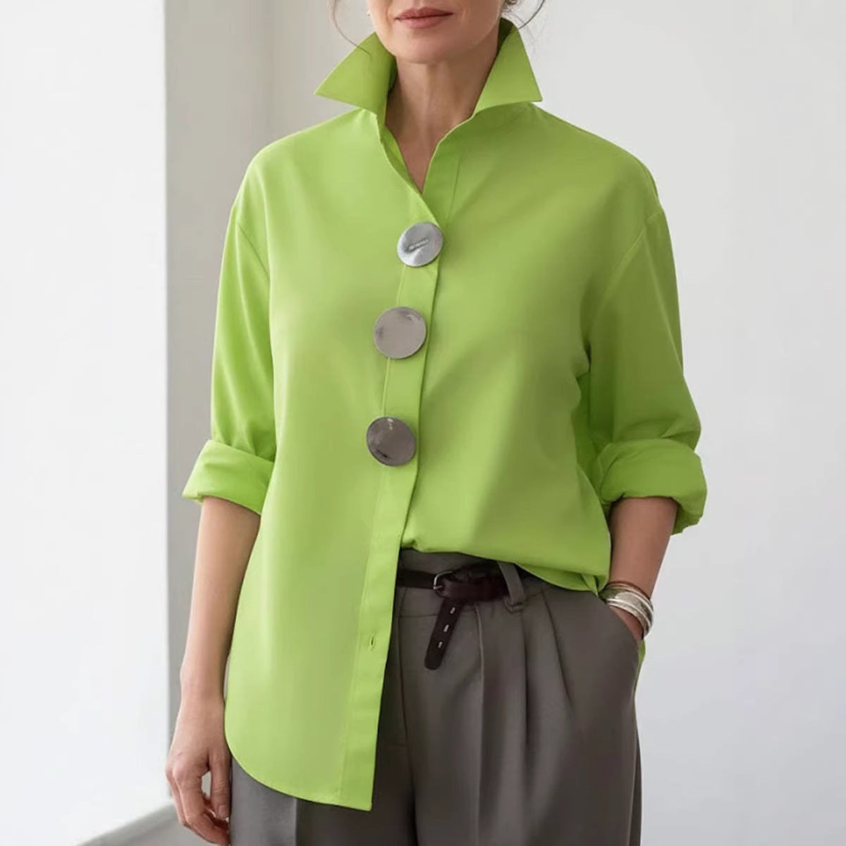Solid Color Long Sleeve Stand-up Collar Shirt