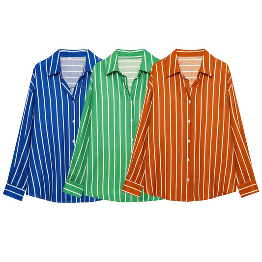 Casual loose bat sleeve striped long sleeved shirt