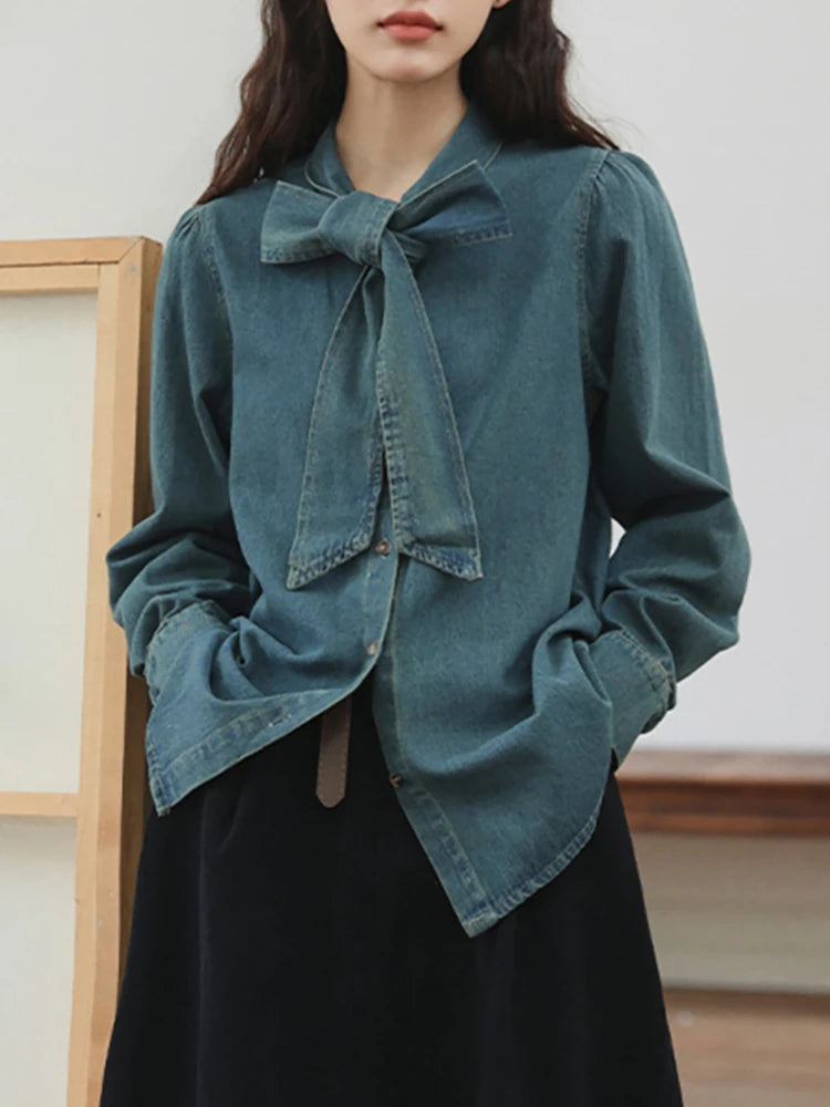 Shirt Loose Patchwork Ribbon Bow Single Breasted Washed Blue Elegant Blouse