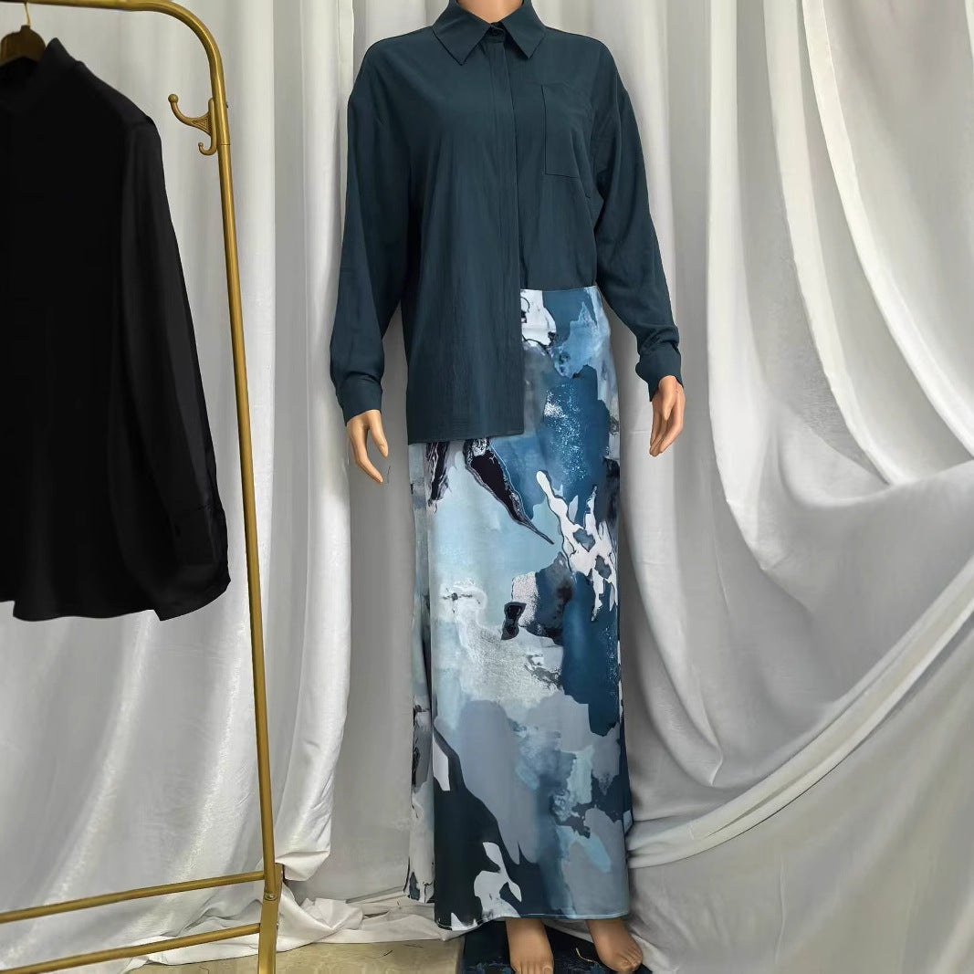Long Sleeve Blouse with High Waist Printed Bodycon Skirt Set