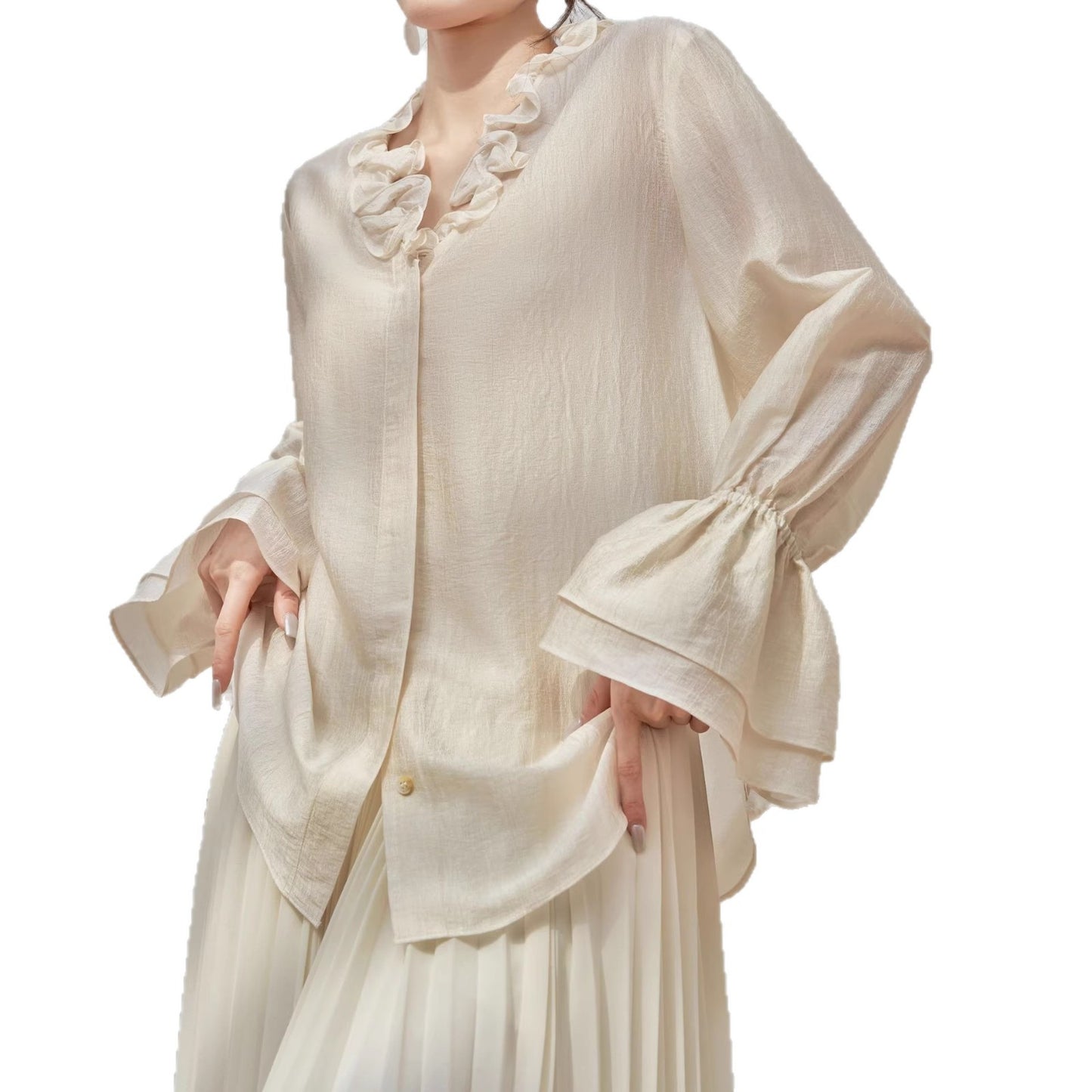 Shimmering Acetate Satin Ruffled Sweetheart Neckline Lightweight Sheer Blouse