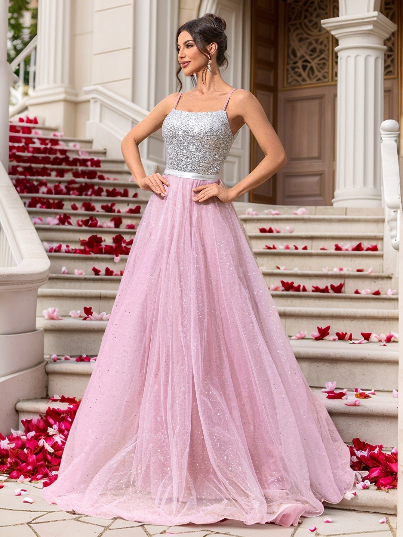 Pink Sequin Wedding Dress Evening Gown Formal Dress