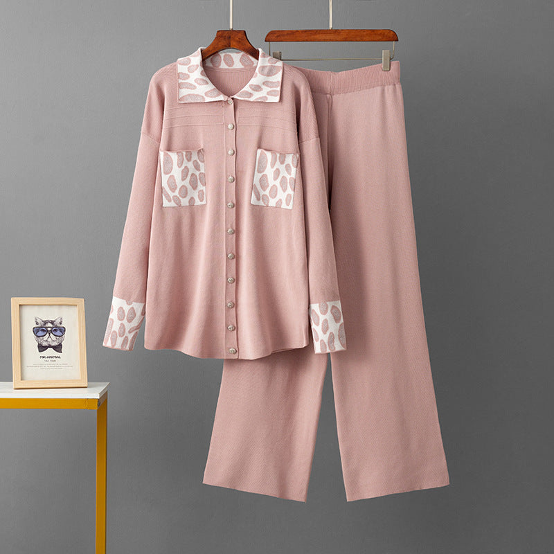 POLO collar loose sweater wide leg pants two-piece set for women