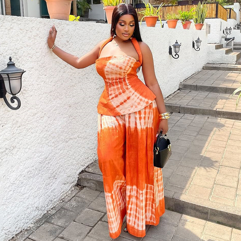 Backless Printed Dress Set Halter Two-Piece Set