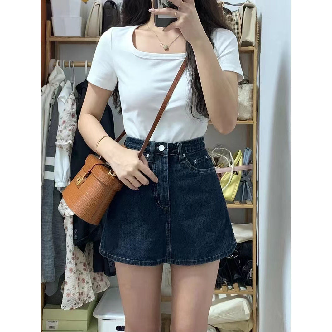 Retro Denim Mini Skirt for Women High Waist Plus Size Tummy Hiding Hip Concealing Slimming A-Line Half Skirt Pants