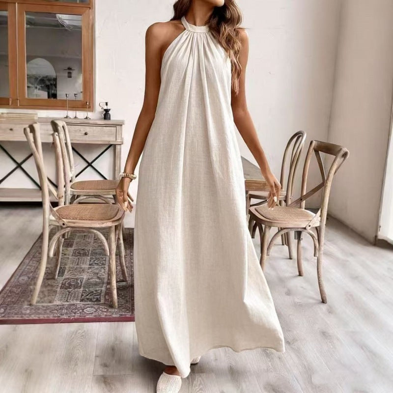Elegant Solid Color Loose Fashion Halter Backless Long Dress for Women