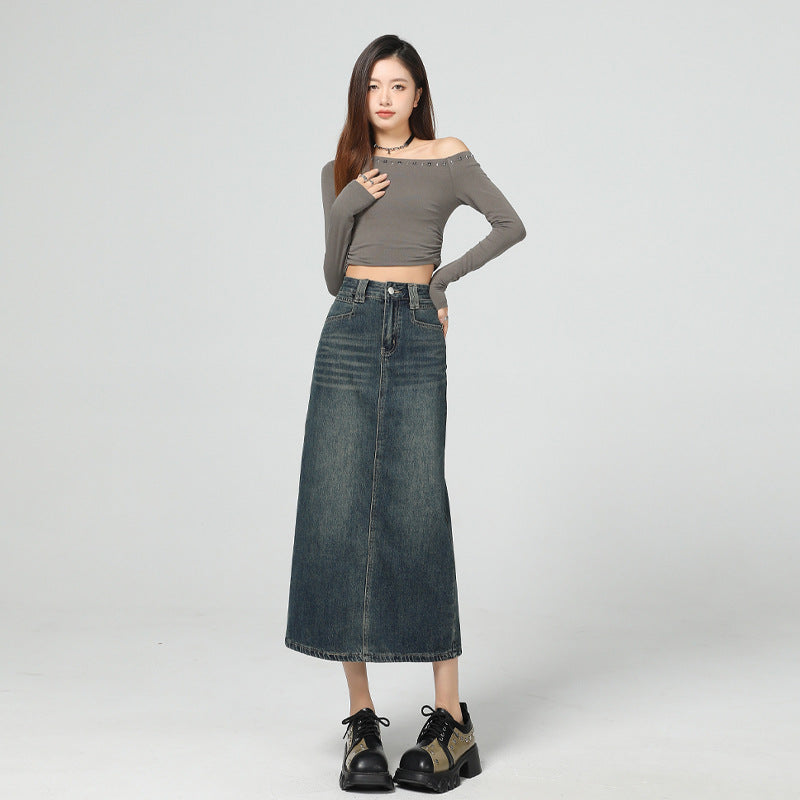 Women's Vintage Blue Slimming Denim Skirt with Slit Design Straight Skirt