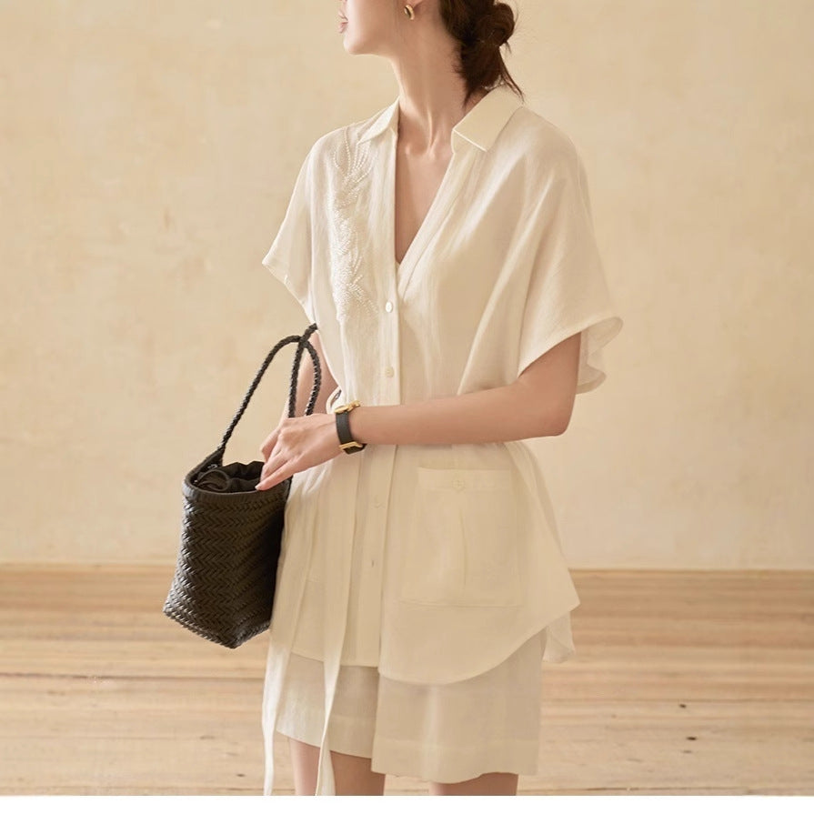 Cotton-Linen Texture Wrinkle-Resistant Non-Iron Beaded V-Neck Belted Short Sleeve Shirt Jacket + Shorts Set Summer