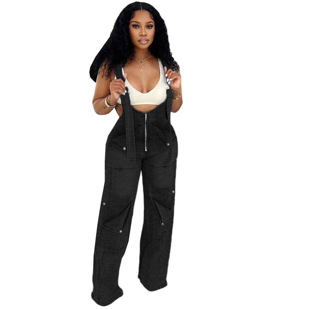 Women's Western Style Denim Overalls Summer Street Casual Zipper Washed Full-Length Jumpsuit