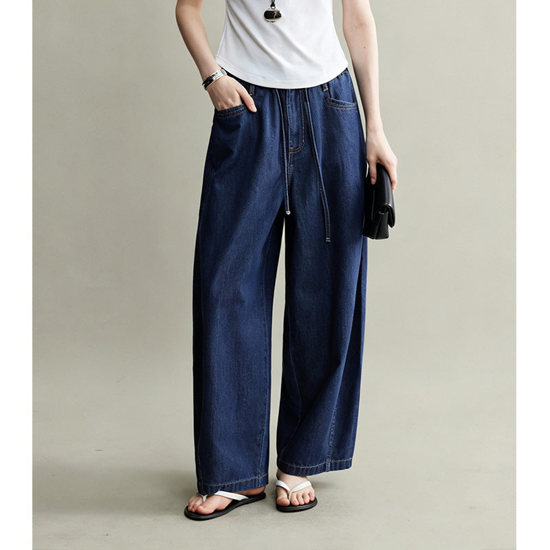 Deep Blue Elastic Waist Wide Leg Jeans for Women Slimming and Hip-Hiding, Versatile Long Pants