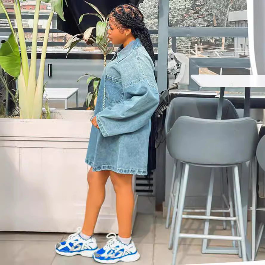 Women's Western Style Dress Summer Casual Loose Denim Dress with Turn-Down Collar Fashionable Long Dress