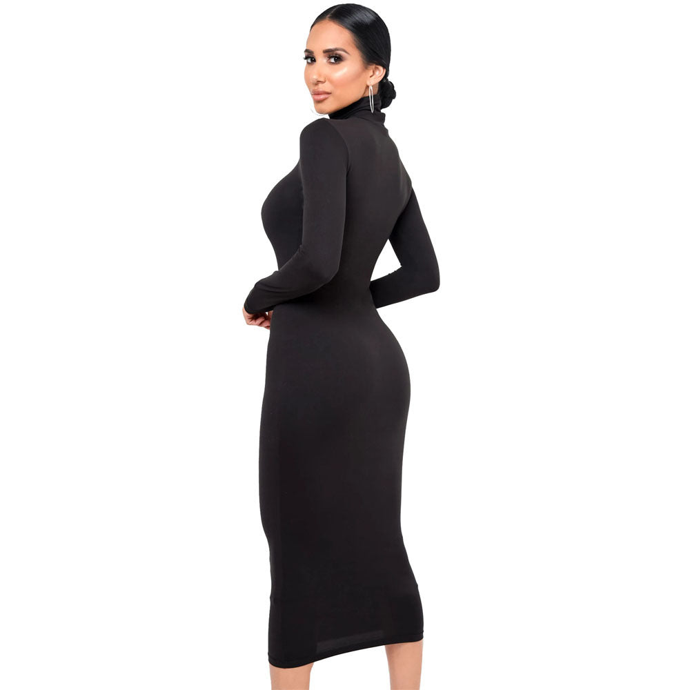 Autumn Winter New Fashion Sexy High Neck Dress Knit Thick Fitted Bodycon Dress