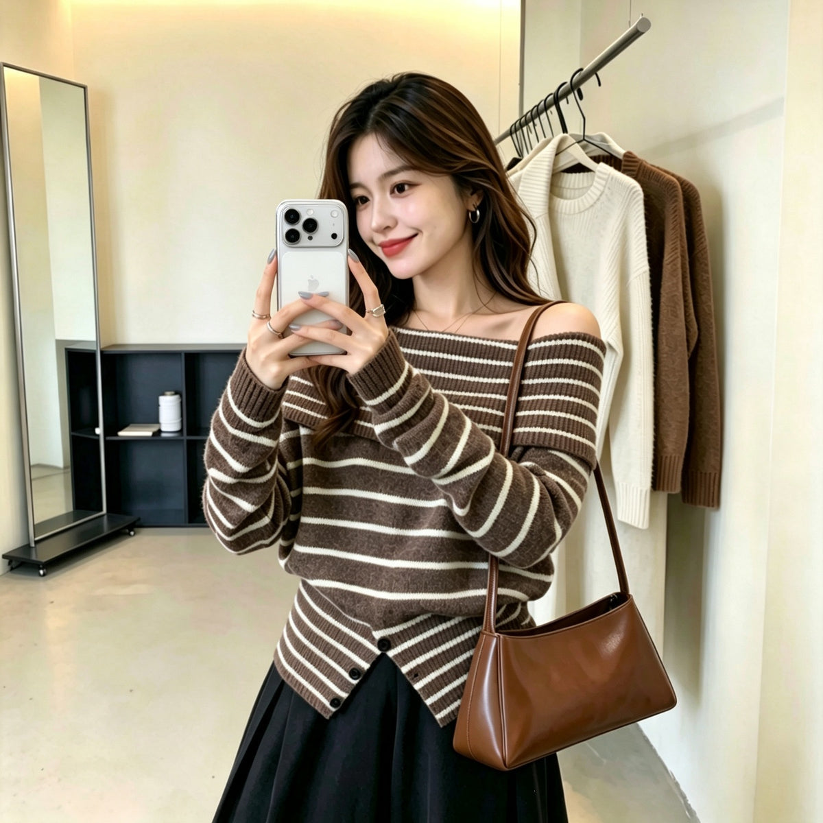 Single neck off shoulder striped sweater for women