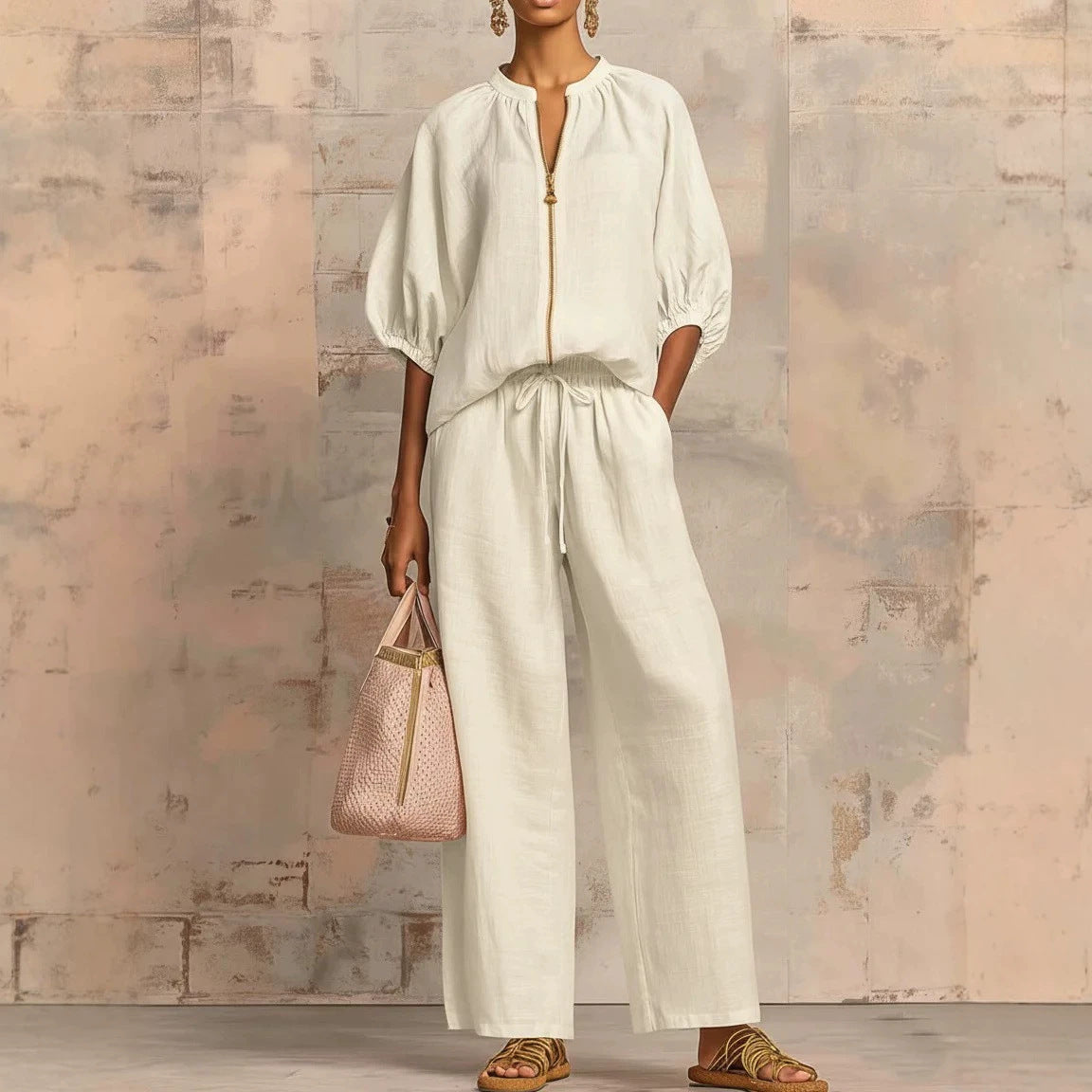 Summer Women's Casual Loose Solid Color Zipper Round Neck Wide Leg Pants Set