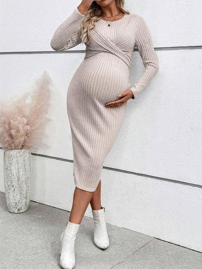 Long Sleeve Maternity Dress Elegant Knot Slim Fit Maternity Dress Full Length Dress