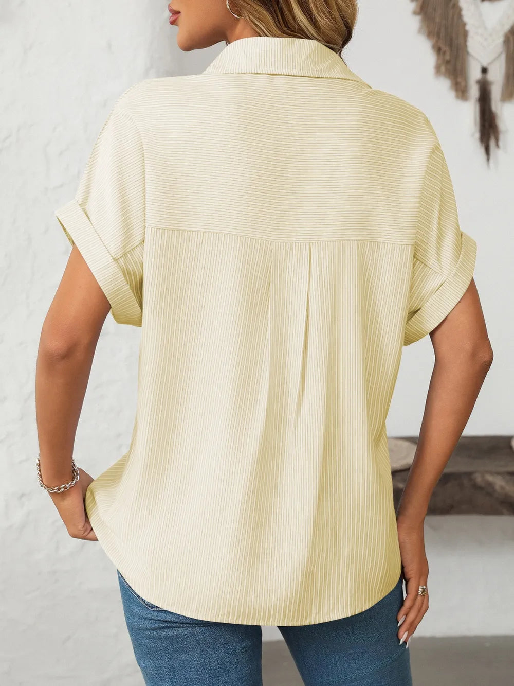 Ladies' loose short sleeved pocket casual striped shirt