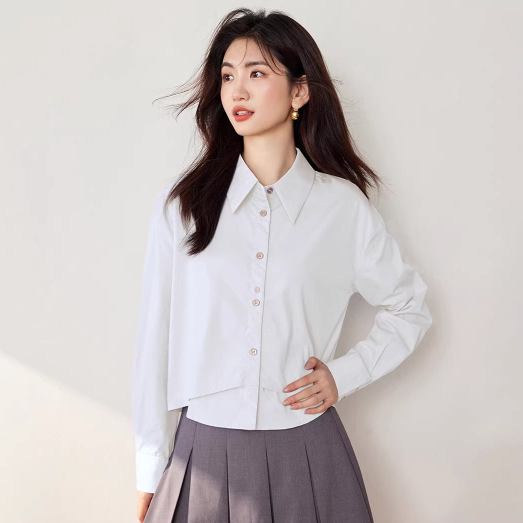 Elegant False Two-Piece Loose Long Sleeve Shirt for Women Fashionable Versatile Turn-Down Collar Solid Color Top