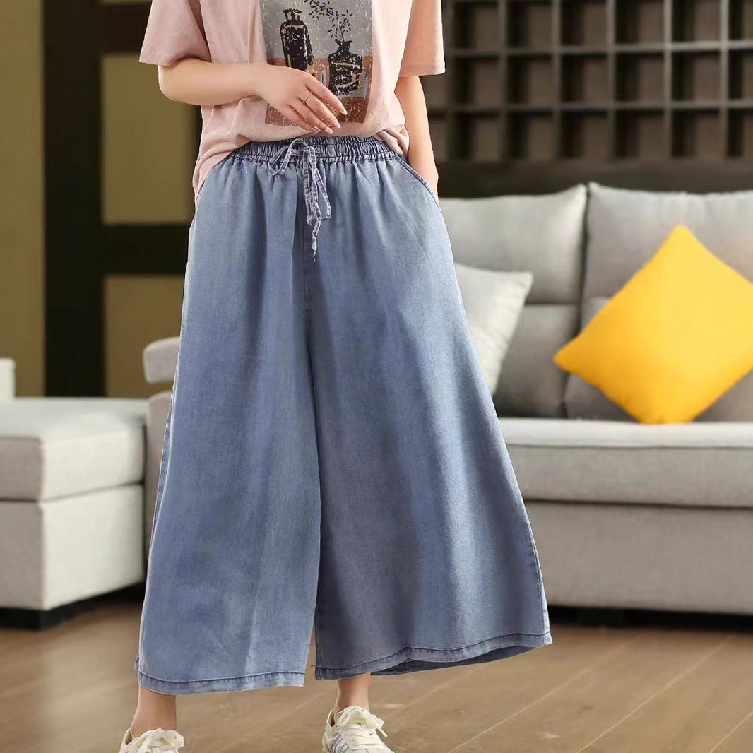 Retro Lyocell Tencel Denim Wide Leg Pants Women Summer Thin Wide Leg Literary Pants Slim Skirt Pants