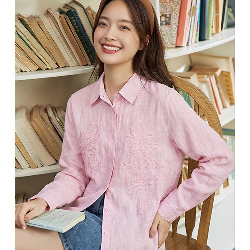 Elegant Refined Style Embroidered Lyocell Blouse for Women Long Sleeve Unique Design Open Front Shirt
