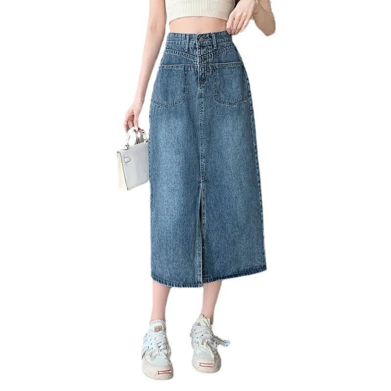 High-Waisted Front Slit Denim Skirt  Versatile Denim A-Line Skirt Women's Slimming Midi Skirt