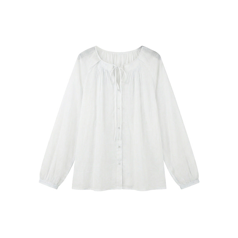 Linen-Cotton Collar Pleated Tie-Neck Blouse  Elegant Women's Top