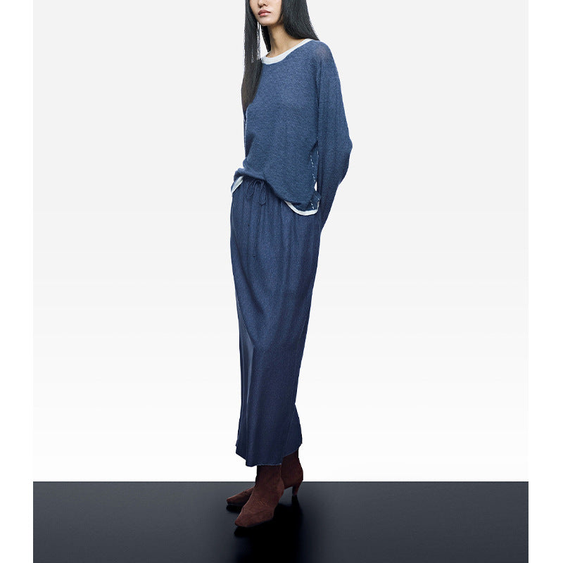Casual Straight-Leg Vintage High-Waisted Unique Denim Maxi Skirt with Elastic Waist, Slimming Design