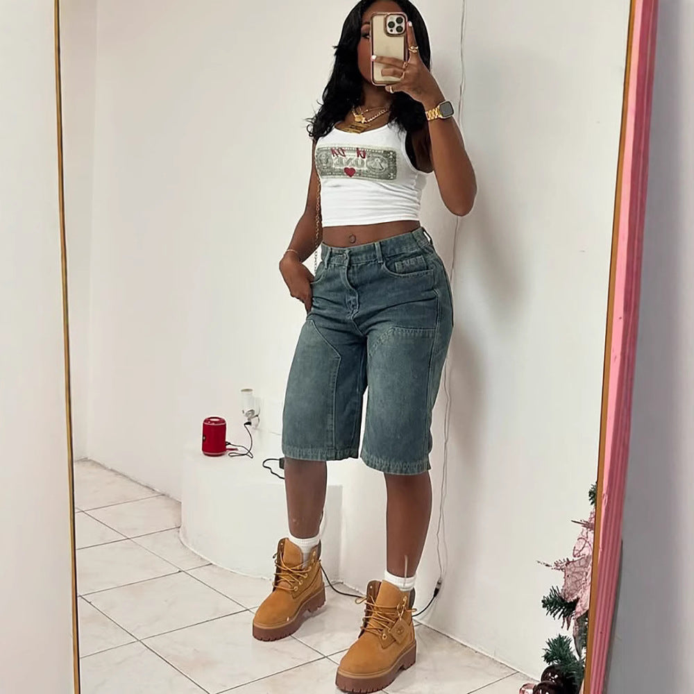 Fashion Women's Casual Denim Pants Summer Vintage Loose Washed Straight Leg Denim Shorts