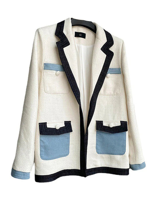 Women's Tweed Blazer Contrast Color Notched Collar Denim Pockets Loose Elegant Suit Jackets  Autumn New Fashion