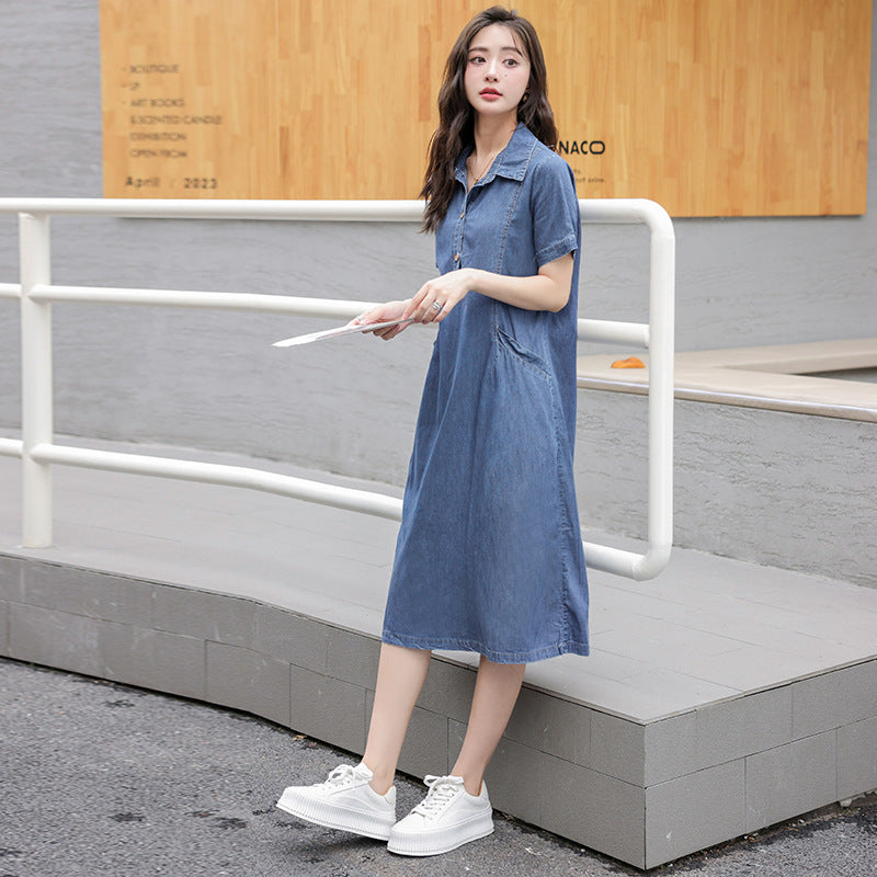 Lightweight Denim Dress Summer New Women's Short Sleeve Casual Youthful Plus Size Mid-Length Dress in Color Photo