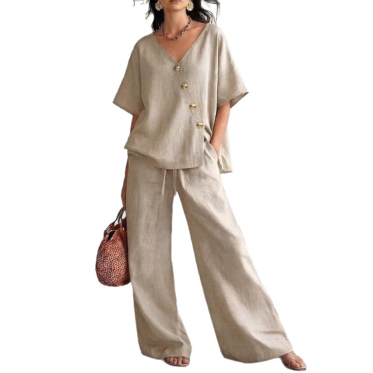 Women's Fashion Casual Solid Color V-Neck Loose Short Sleeve Top with Drawstring Pants Two-Piece Set
