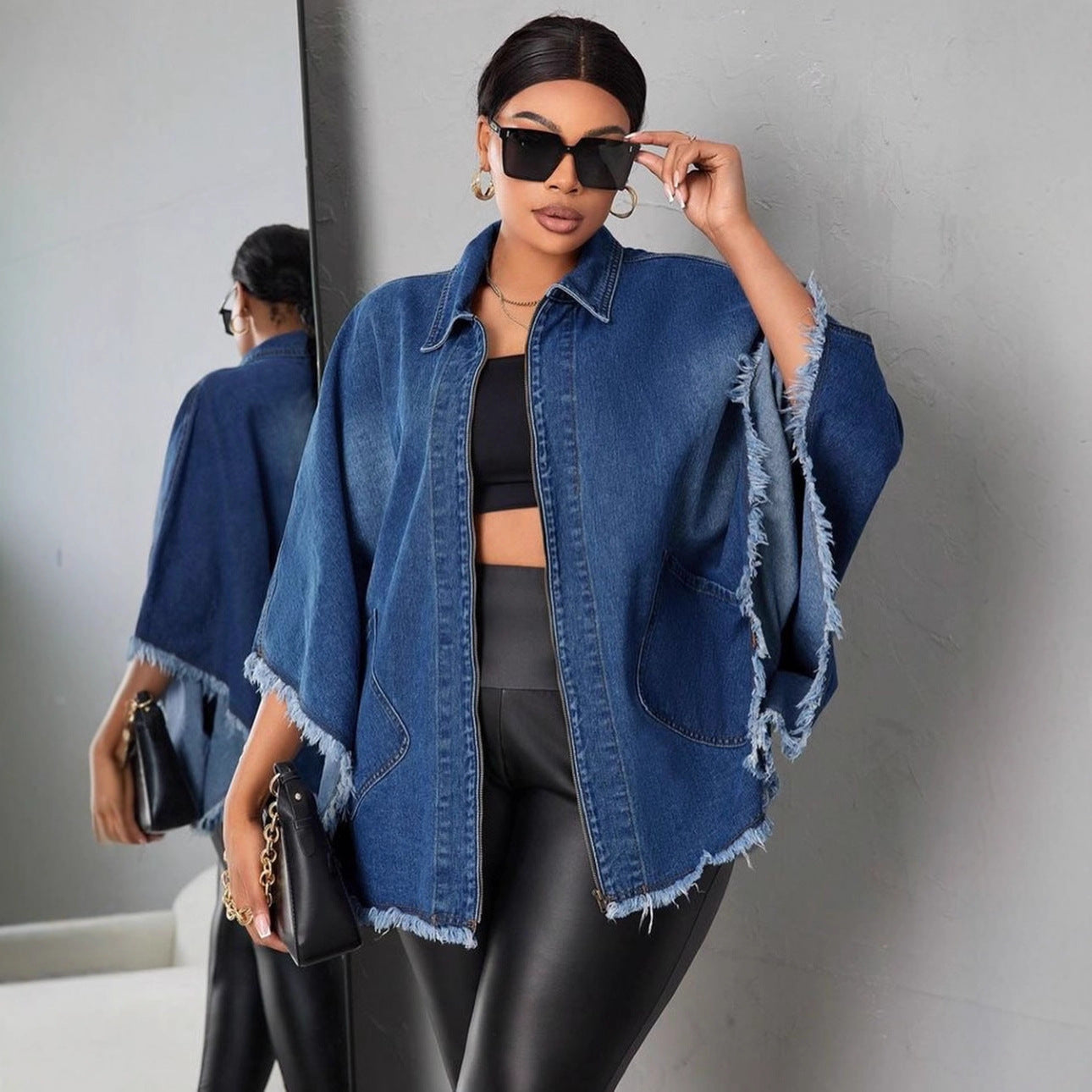 Women's Denim Jacket Fashion Loose Turn-down Collar Batwing Sleeve Jacket Outerwear