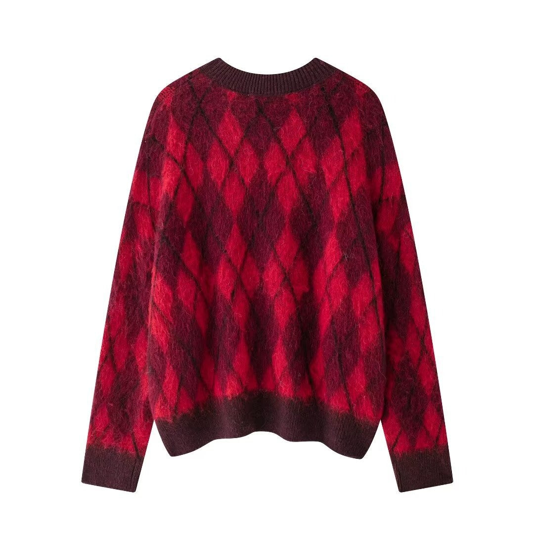 European and American style women's clothing new French fashion simple and versatile diamond pattern knitted sweater
