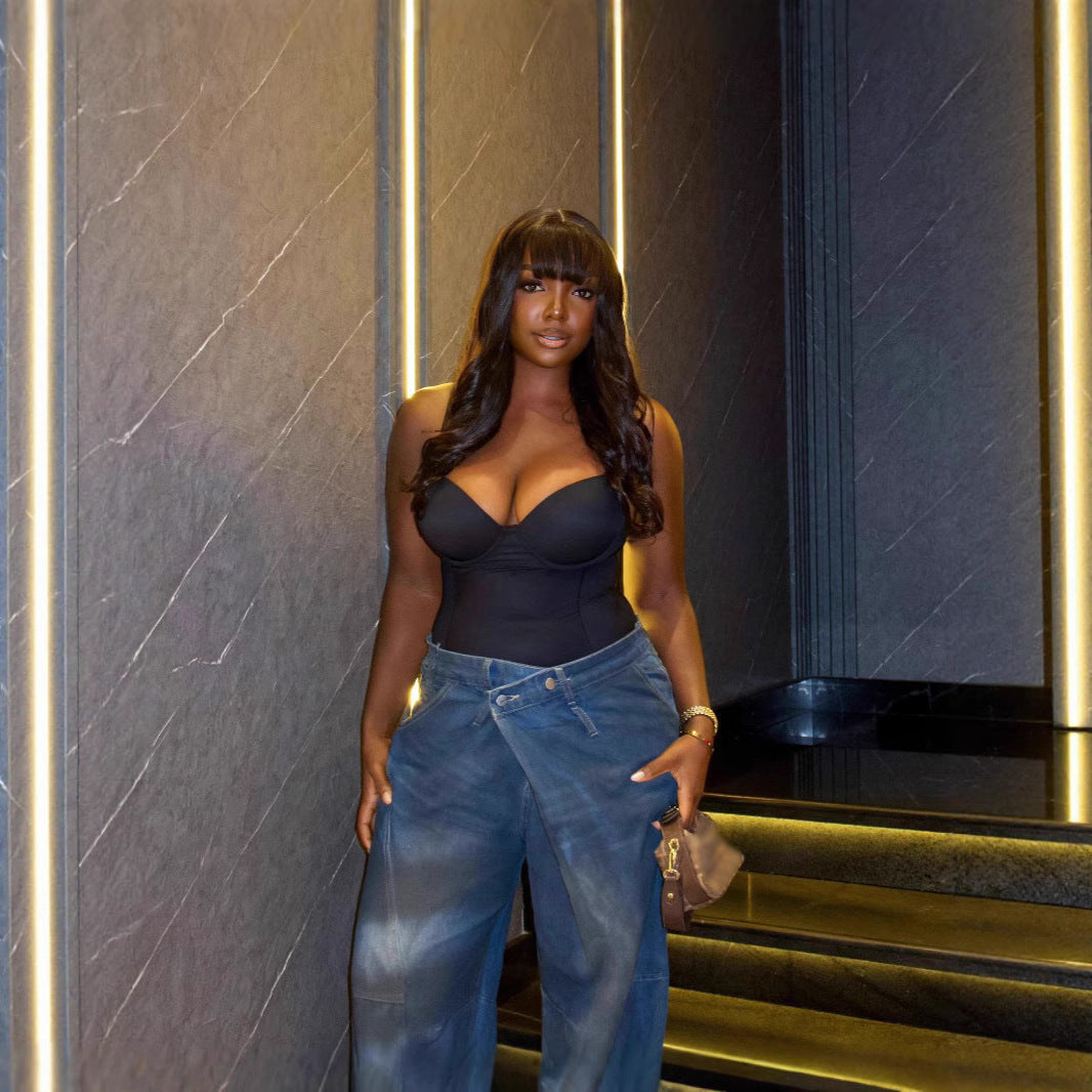 Streetwear Distressed Washed Denim Pants with Knife Cut Design