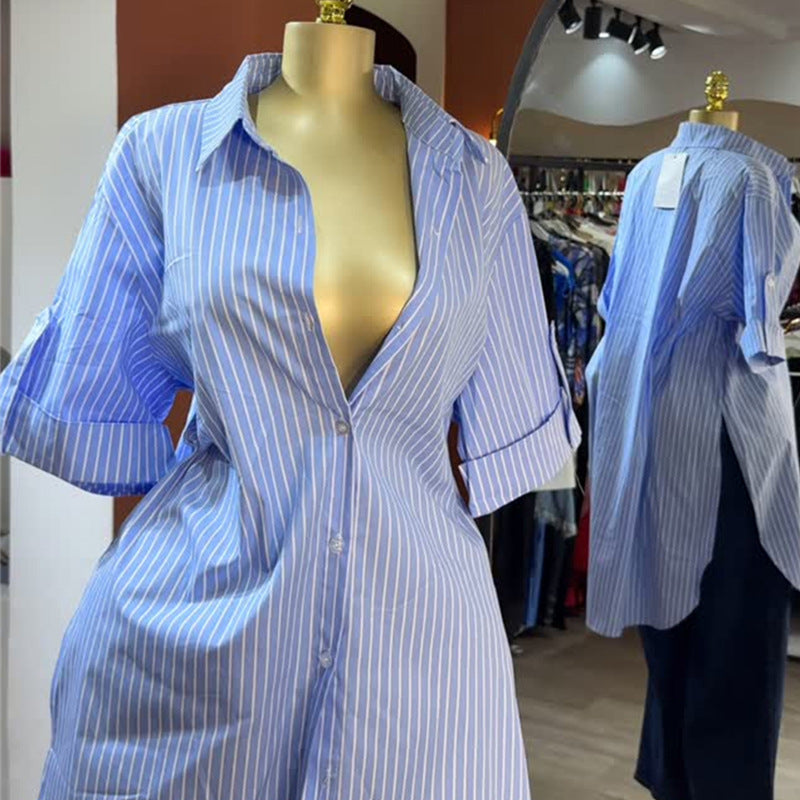 Collar single breasted striped short sleeved mid length shirt top