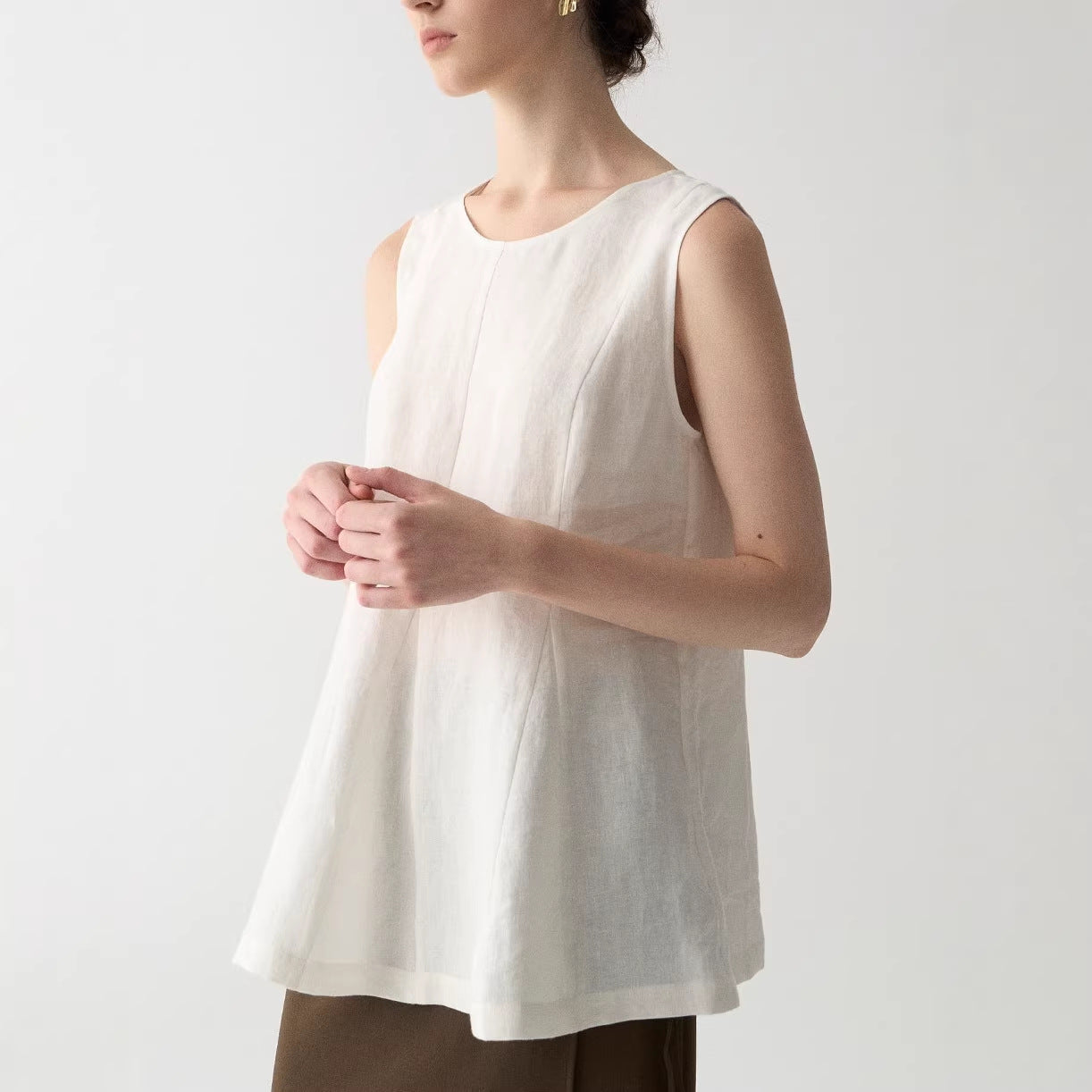 White Linen Blouse with Unique Patchwork Design Loose Sleeveless Top