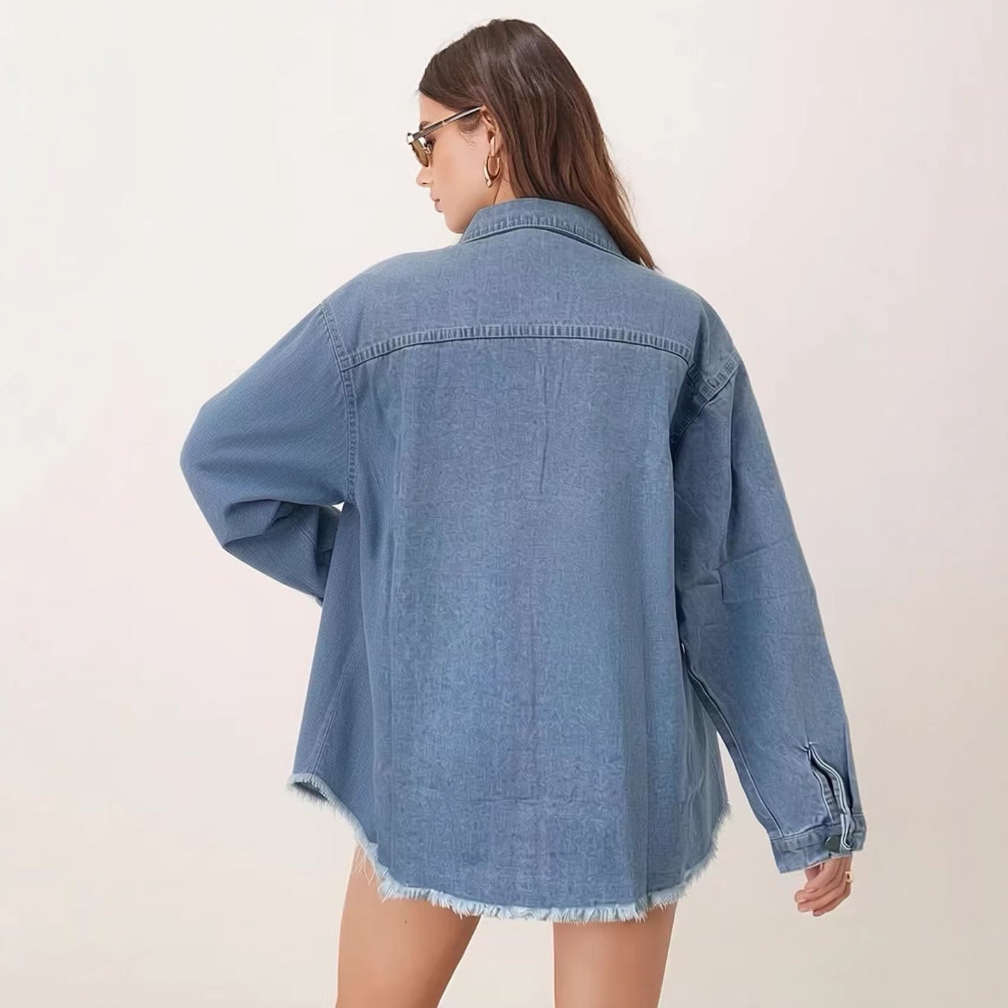 Retro Washed Casual Solid Color Mid-Length Long Sleeve Pocket Denim Jacket for Women